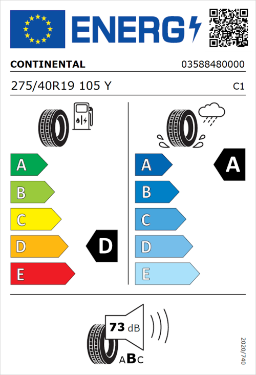 Tyre Label for Continental SportContact 2 275/40R19 105Y