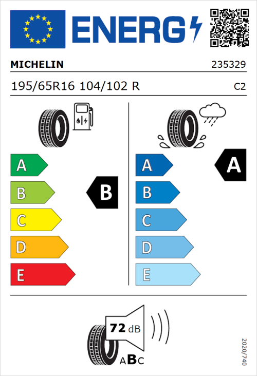 Tyre Label for Michelin Agilis 3 195/65R16 104/102R