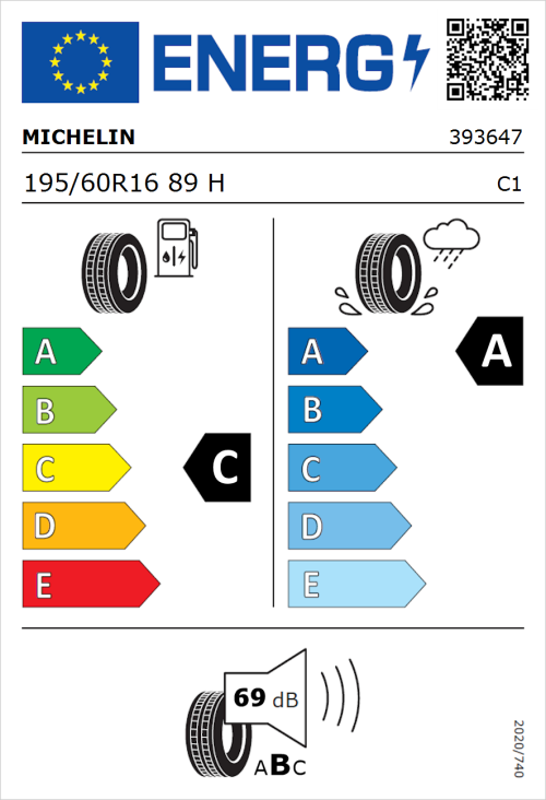 Tyre Label for Michelin Primacy 3 195/60R16 89H