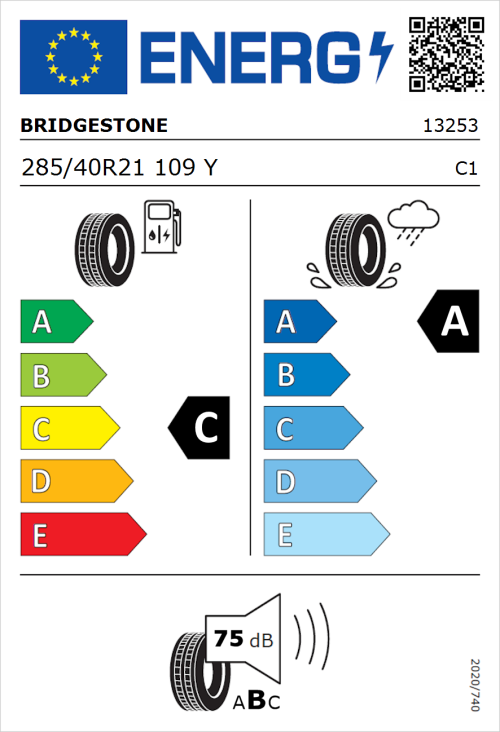Tyre Label for Bridgestone Dueler H/P Sport 285/40R21 109Y