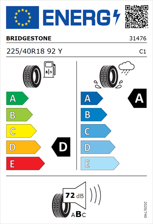 Tyre Label for Bridgestone Potenza Sport 225/40R18 92Y