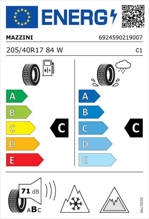 Tyre Label for Mazzini Versat-AS8 205/40R17 84W
