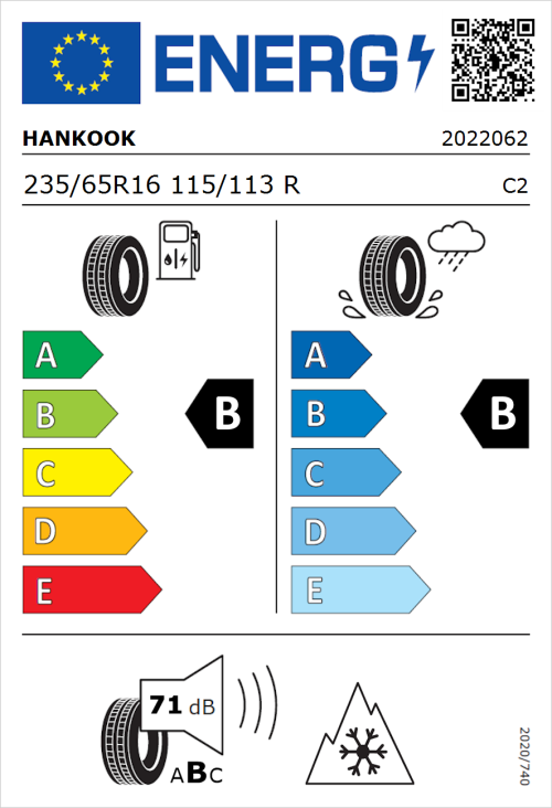 Tyre Label for Hankook Vantra LT RA18 235/65R16 115/113R