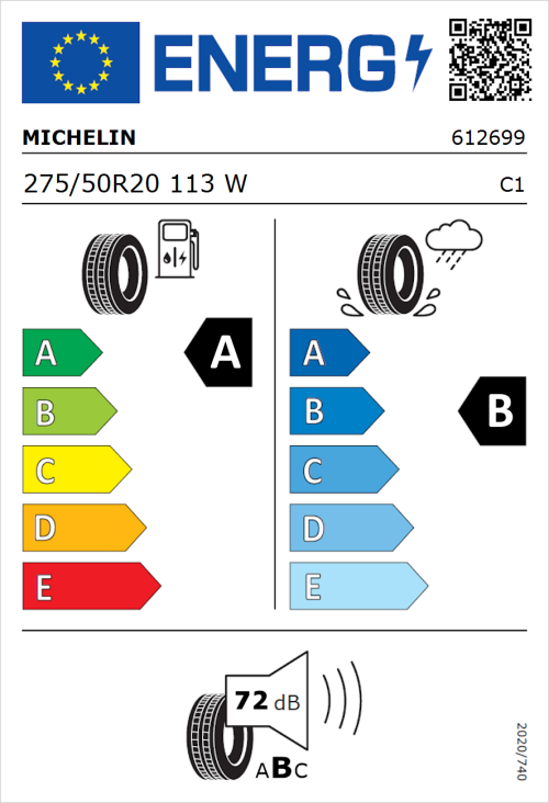 Tyre Label for Michelin e.primacy 275/50R20 113W