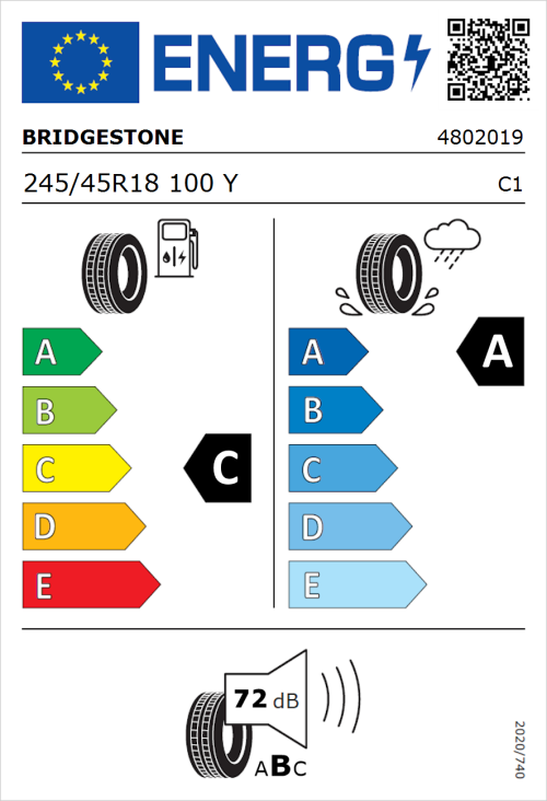 Tyre Label for Bridgestone Potenza Sport 245/45R18 100Y