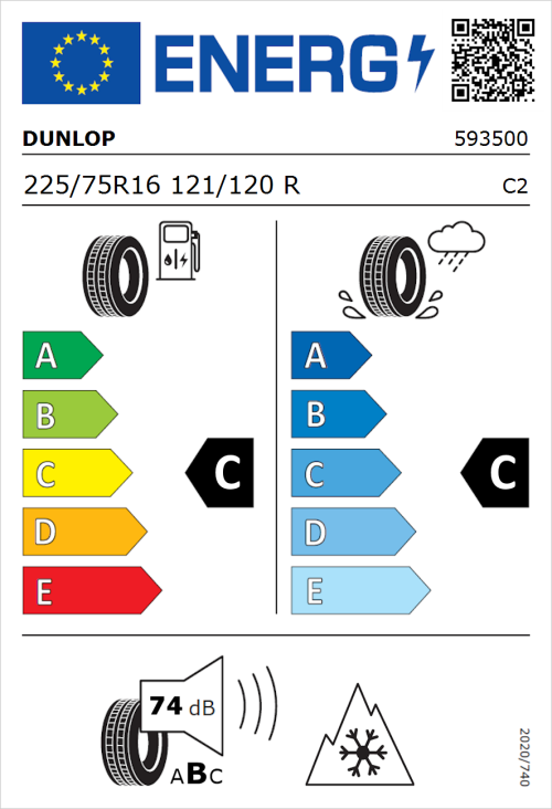 Tyre Label for Dunlop Econodrive A/S 225/75R16 121/120R