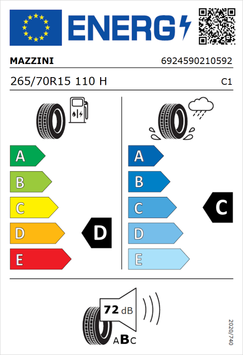 Tyre Label for Mazzini Ecosaver 265/70R15 110H