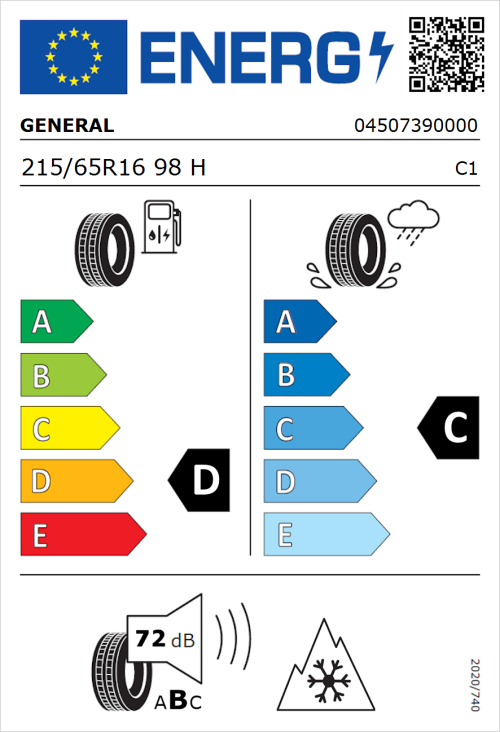 Tyre Label for General Snow Grabber Plus 215/65R16 98H